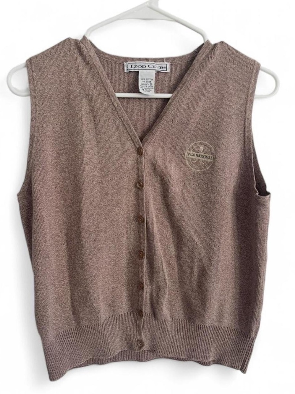 Vintage 100% cotton Izod Club tan knit vest, PGA National logo. Size S.